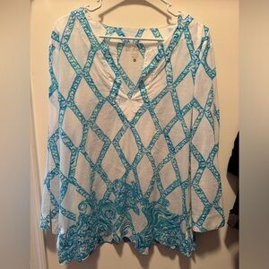 Lilly Pulitzer White Turquoise Amelia Island Tunic Turtle Cove Lattice Sheer XL
